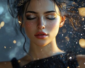 A close-up shot of a woman with glitter eye shadow and eyeliner