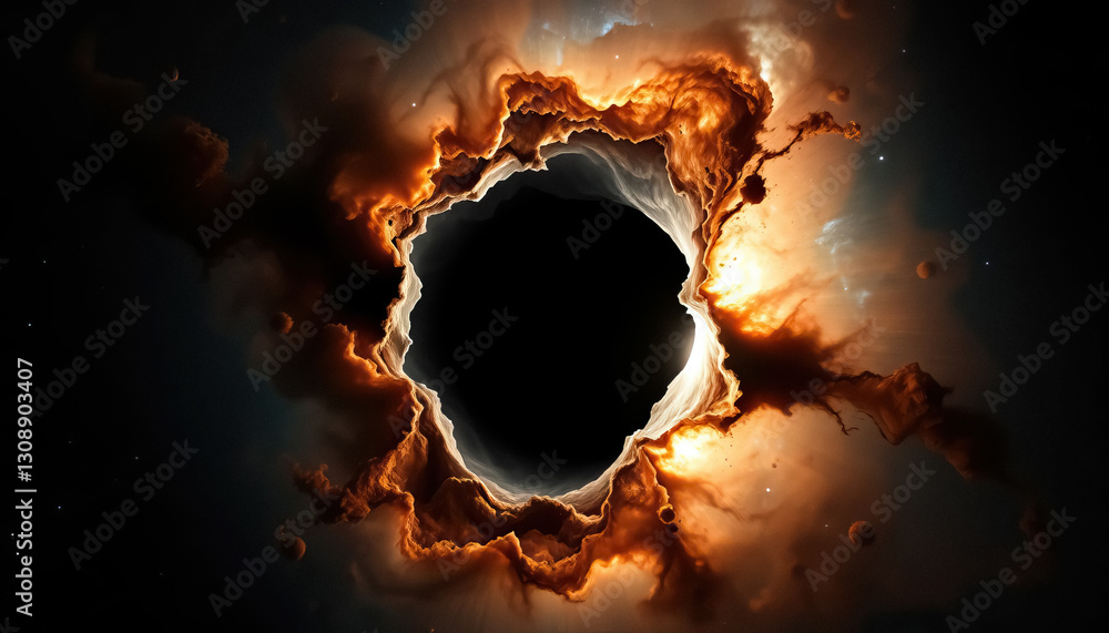 Fototapete celestial anomaly: dark void surrounded by swirling cosmic clouds hinting mysteries of deep space
