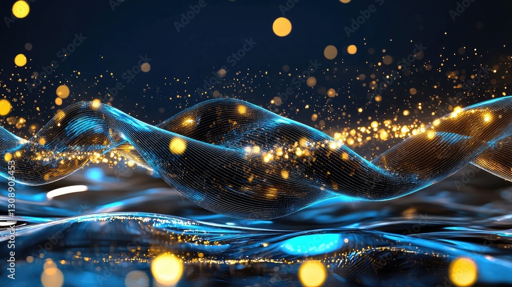 Poster virtual data transfer representation with smooth blue waves and digital nodes in motion.