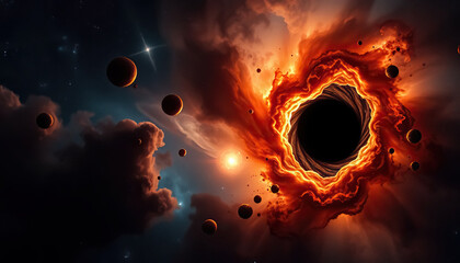 Celestial vortex beckons with awe inspiring dance of light and gravity amidst star studded expanse