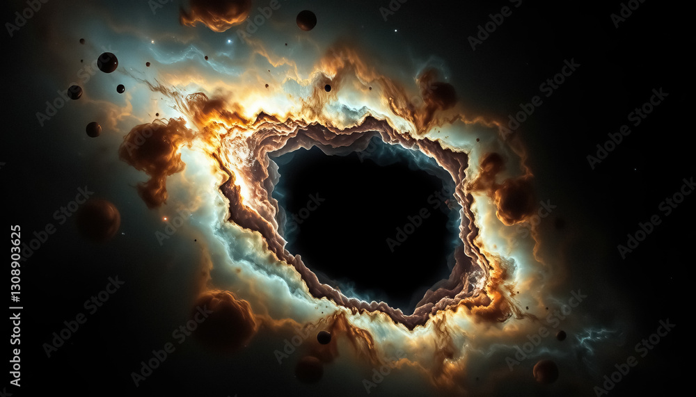 Poster Celestial Portal: cosmic gateway outlined by luminous clouds and floating orbs in deep of space