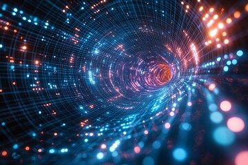 A digital tunnel composed of glowing lights and mesh structure