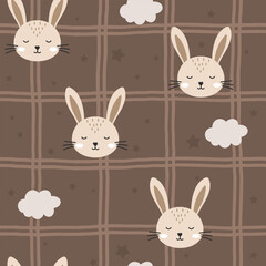 Vector seamless pattern featuring cute hares, dreamy clouds, and a pastel color palette, designed for baby products, digital papers, and charming nursery decor