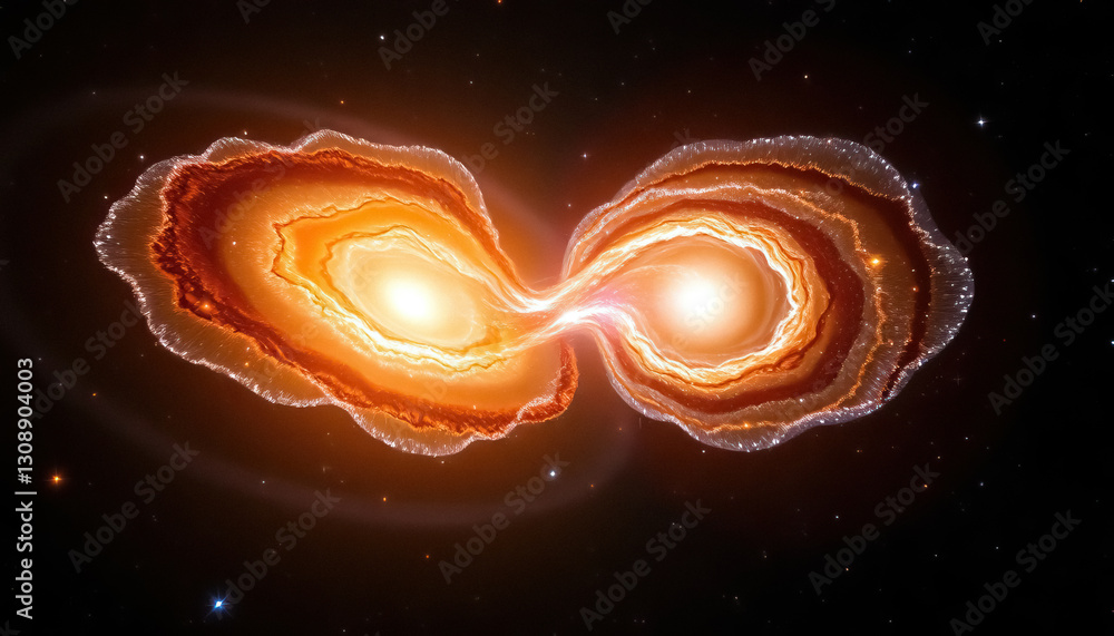 Poster distant merging galaxies glowing with warm vibrant colors against dark backdrop of space and twinkli