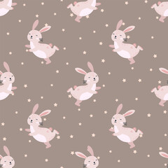 Vector illustration of Soft and sweet seamless rabbit pattern with delicate botanical elements, ideal for children s bedding, nursery prints, and elegant springtime stationery