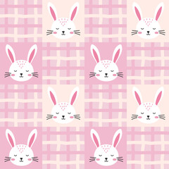 Cute Seamless vector pattern featuring adorable bunnies, rabbits, hares and checkered patterns in pastel pink and white, ideal for creating joyful spring holiday designs