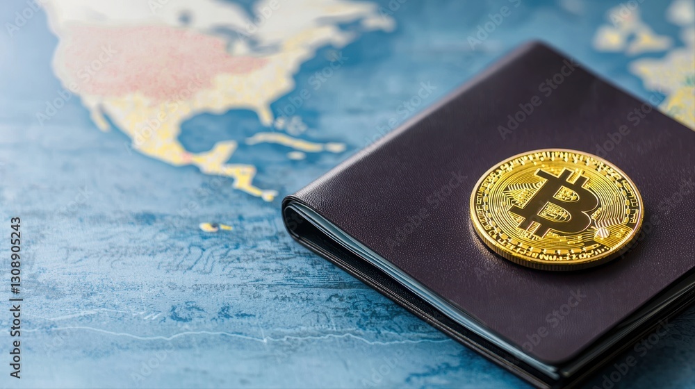 Poster bitcoin coin resting on a passport illustrating the intersection of digital currency and internation