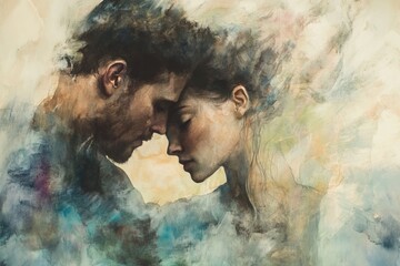 A painting of two people, a man and a woman, possibly in a romantic or intimate setting