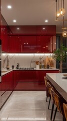 A modern kitchen showcasing red cabinets and marble backsplash design