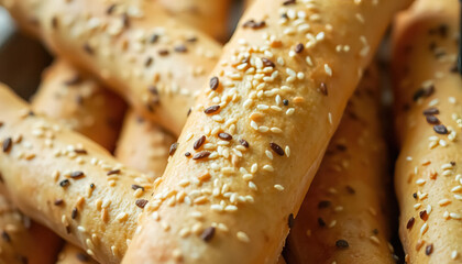 Close up shot of breadsticks golden brown and coated with generous sprinkling of sesame and flax seeds
