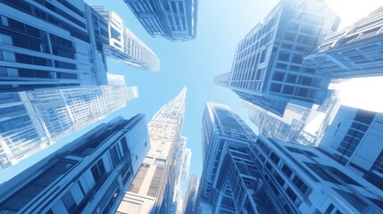 Fototapeta premium City Skyscrapers Upward Perspective, Urban Architecture, Sunny Day