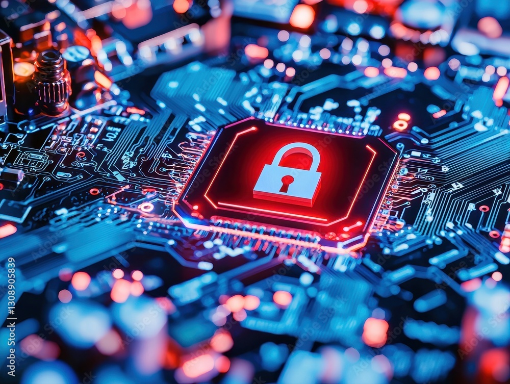 Poster padlock positioned on a circuit board representing business concepts of crypto compliance and digita