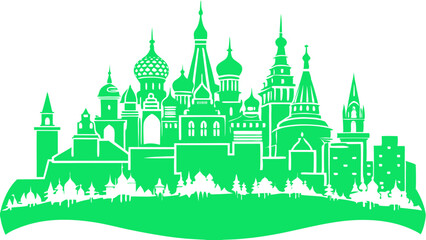 A vibrant green illustration of Moscow's skyline showcasing iconic structures and rich cultural heritage.