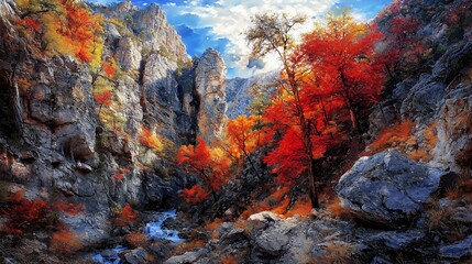 Vibrant Autumn Landscape with Red and Orange Leaves in a Mountain Canyon
