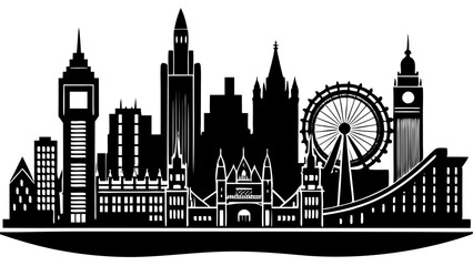 Fototapeta premium A stunning black silhouette illustration of London's iconic skyline featuring famous landmarks and structures.