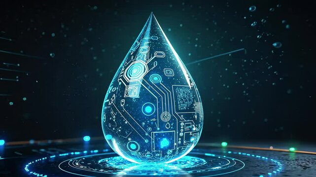 Digital representation of a water droplet with circuit patterns, symbolizing technology and innovation