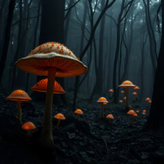 Fototapeta premium mysterious dark forest woods eerie glowing mushrooms halloween spook