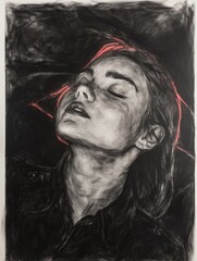 A woman holds a cigarette in her mouth, relaxing