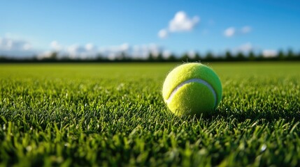A Yellow Tennis Ball Resting On Green Grass Under Blue Skies