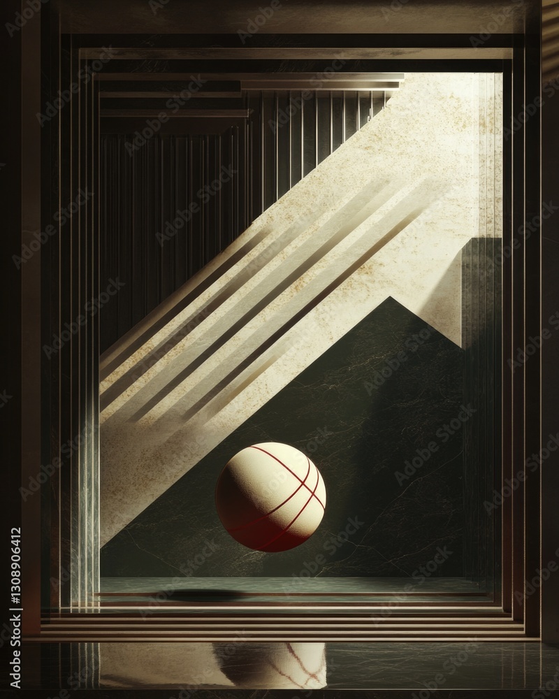 Poster a white and red ball displayed in a window with a simple frame