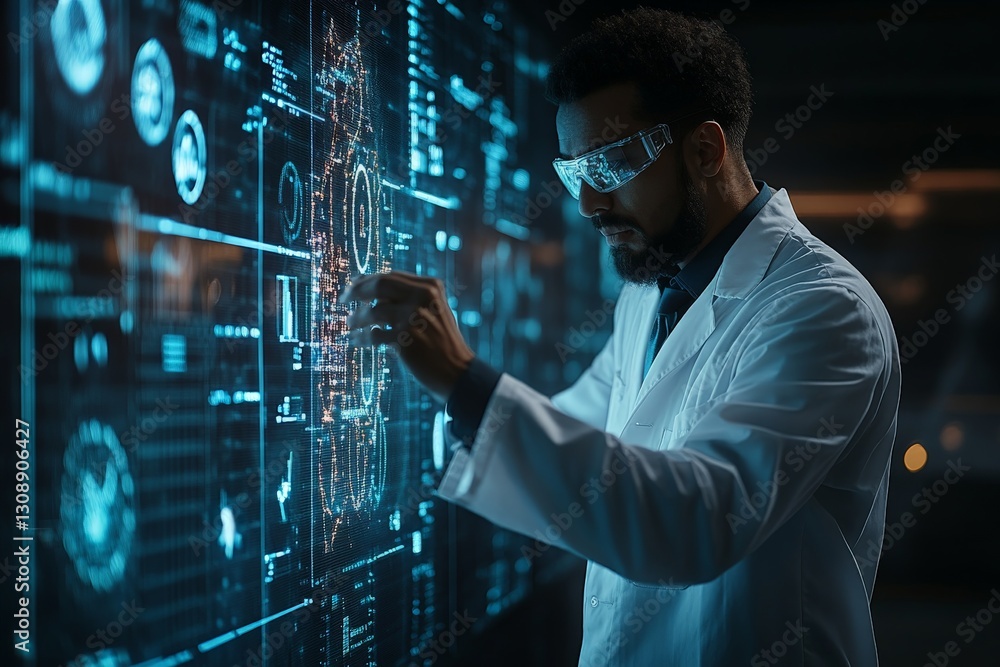 Poster Scientist conducting advanced research using interactive technology in a high-tech laboratory environment