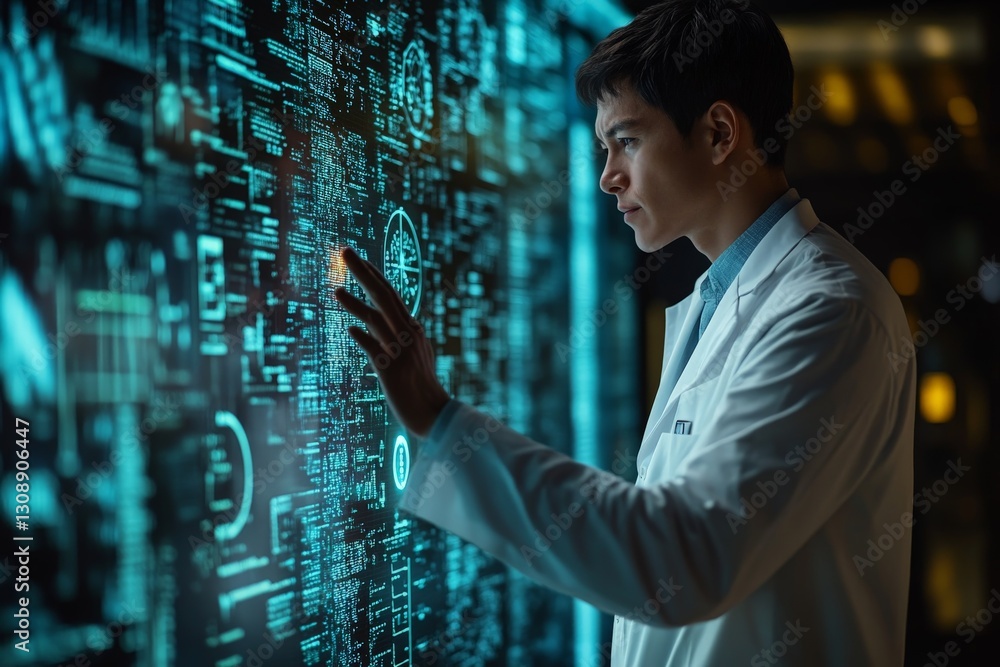 Aufkleber young scientist analyzes digital data on a high-tech screen in a modern lab environment at night