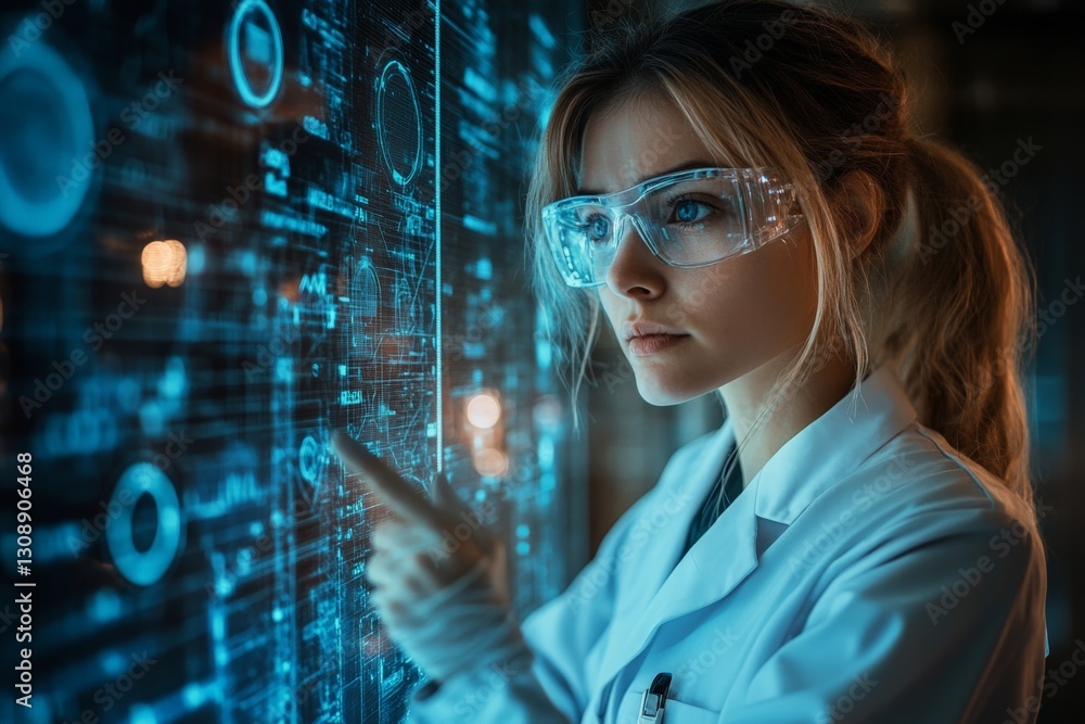 Poster Scientist analyzing data on a futuristic digital display in a high-tech laboratory setting
