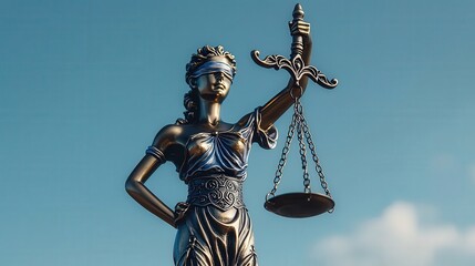 Lady Justice statue, blindfolded, scales of justice, blue sky background.