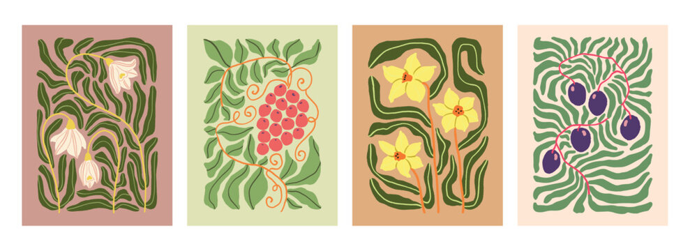 Trendy snowdrops plant leaves and branches. Hand painted abstract wavy floral cut out premade poster. Floral aesthetic vector poster. Modern gallery art botanical print