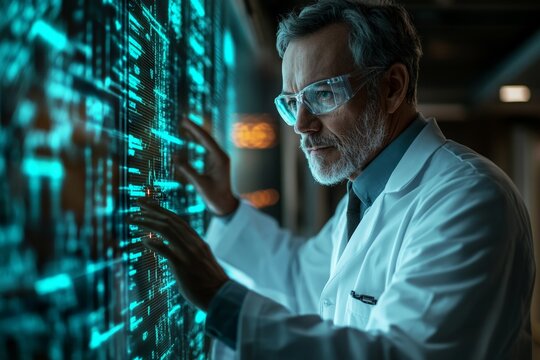Scientist analyzing data on a digital interface in a research laboratory during evening hours