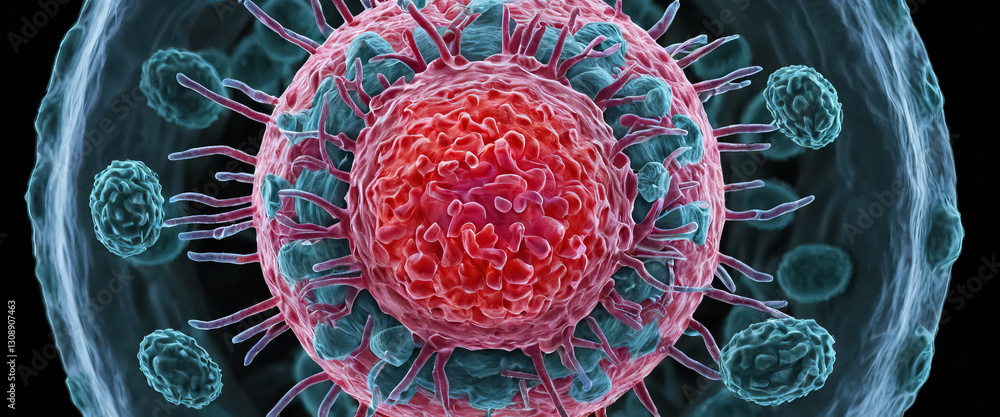 Poster Artistic rendering of magnified pathogenic virus with complex surface structures and surrounding particles