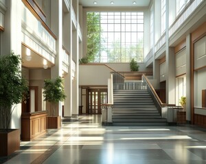 Obraz premium A modern lobby with a staircase and a plant in a pot