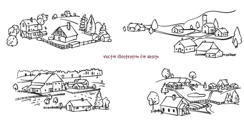 illustration of farmhouses. Vector silhouette set 
