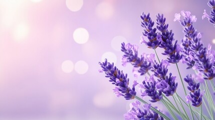Fototapeta premium Lavender flowers in soft sunlight with a dreamy bokeh effect. Tranquil nature background for wellness and aromatherapy themes.