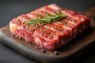 Freshly prepared dish on a wooden cutting board, garnished with a sprig of rosemary