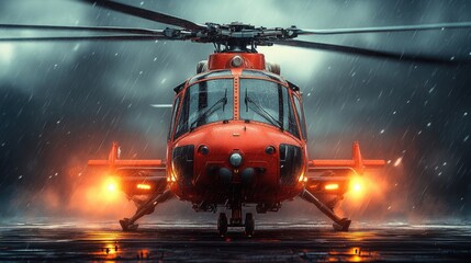 A red helicopter sitting on the tarmac, ready for takeoff