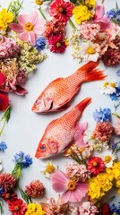 Fototapeta premium Two Red Fish Surrounded By Vibrant Colorful Flowers