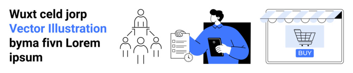 Team hierarchy structure, marketer analyzing data on tablet, online shopping cart checkout. Ideal for business strategy, teamwork, e-commerce, online marketing, sales, digital platforms flat landing