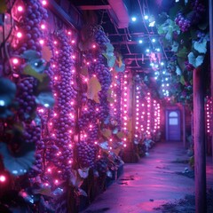 Fresh grapes hanging from the side of a building, ideal for commercial or residential use