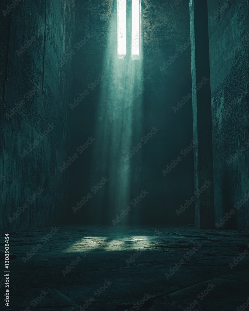 Poster a dark room with a light coming through the window, suitable for use in scenes about introspection o