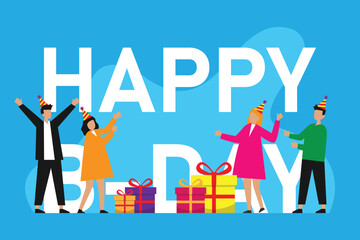 Happy Birthday Celebration with Friends and Gifts 2d flat vector illustrations