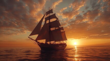Obraz premium Majestic sailing ship at sunset, ocean voyage. Ideal for travel, adventure, and freedom themes.