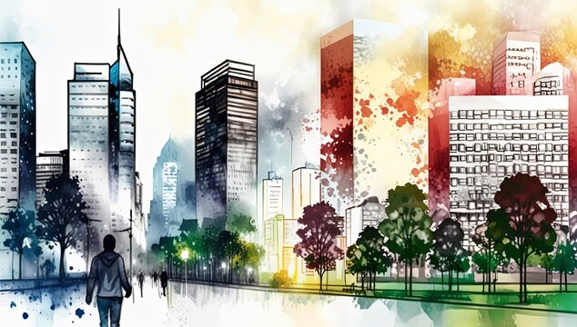 ilustraci&oacute;n estilo acuarela. ciudad. edificios