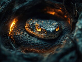 Fototapeta premium Close-up shot of a snake's head with its eyes glowing in the dark