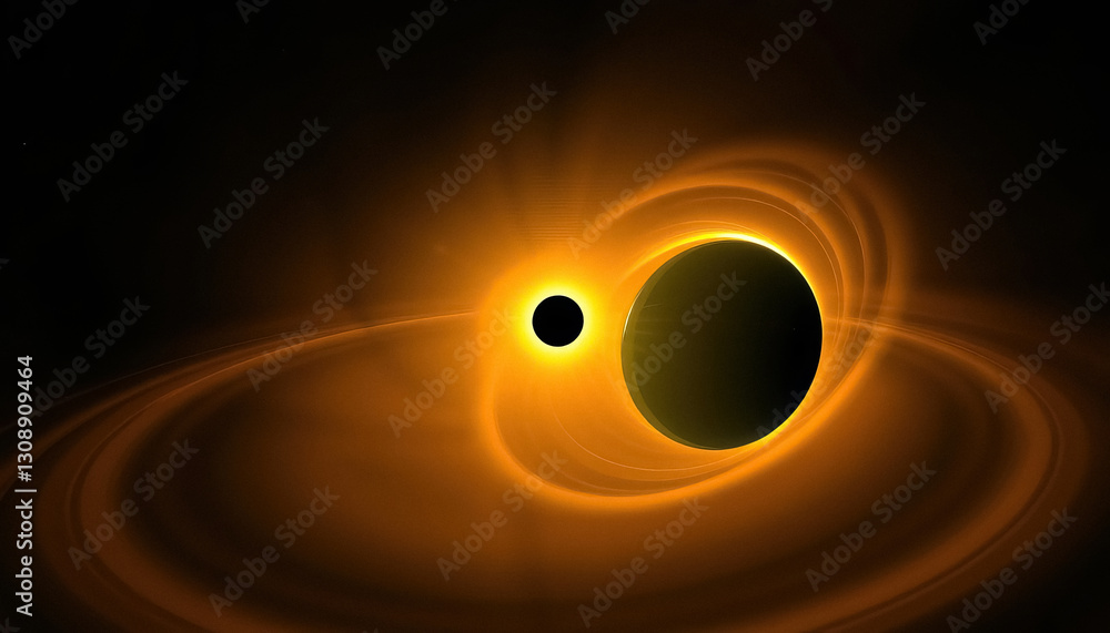 Poster artistic rendering of two black holes one small and bright other large within field of curved space