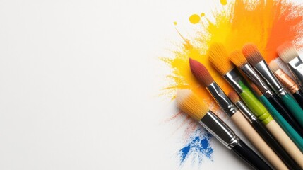 Fototapeta premium Colorful paintbrushes on white background with vibrant paint splatters.