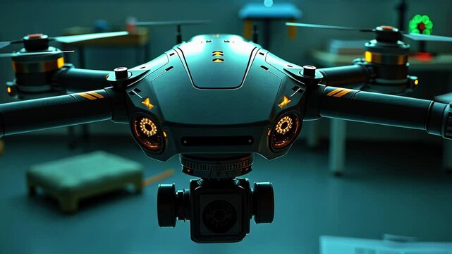 A high-tech drone with bright lights is positioned in a modern workshop surrounded by tools and gadgets