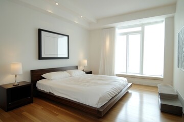Fototapeta premium Modern bedroom with white walls, wooden bed, and large window.