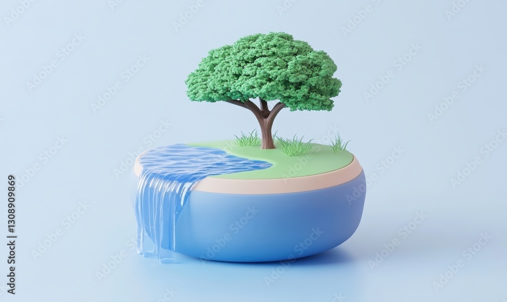 Aufkleber miniature tree on a floating island with a waterfall, ideal for environmental concepts