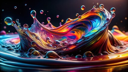 Dark liquid dissolves into transparent fluid, generating swirling shapes and geometric forms in a mesmerizing display of color dynamics, shape formation, colorful dynamics